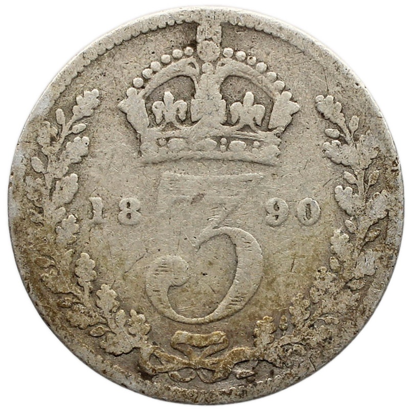 1890 3 Pence Victoria Coin UK Silver