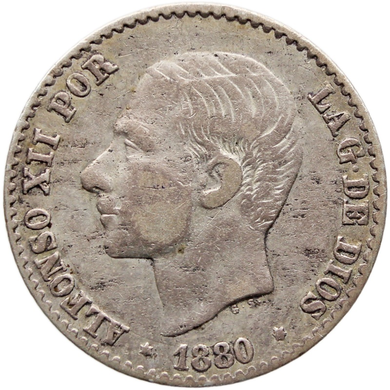 1880 50 Centimos Spain Coin Alfonso XII Silver
