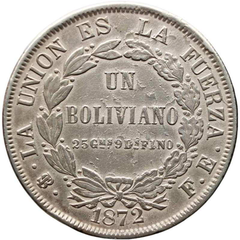 1872 PTS FE 1 Boliviano Bolivia Silver Coin