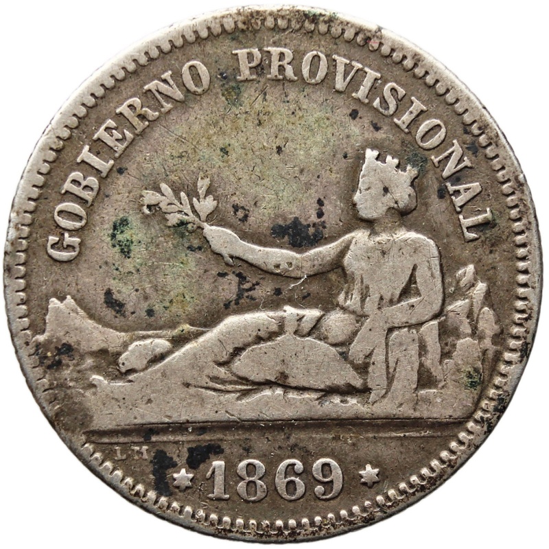1869 One Peseta Spain Coin Silver Provisional Government