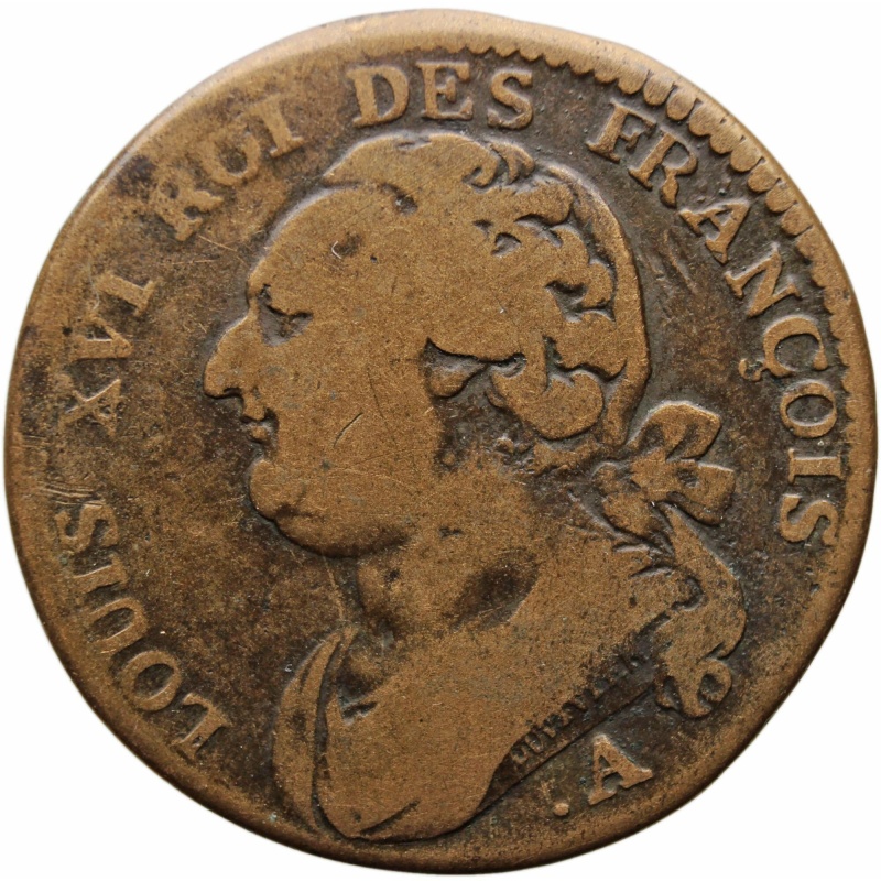 1792 A France 12 Deniers Louis XVI Coin Paris Mint