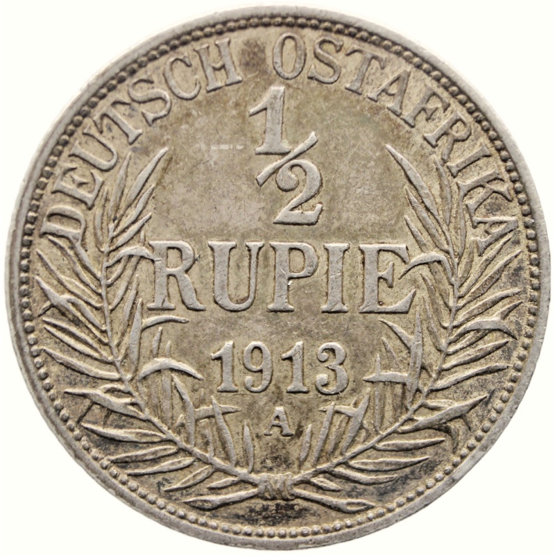 1913 A Half Rupie German East Africa Wilhelm II Coin Silver Berlin Mintmark