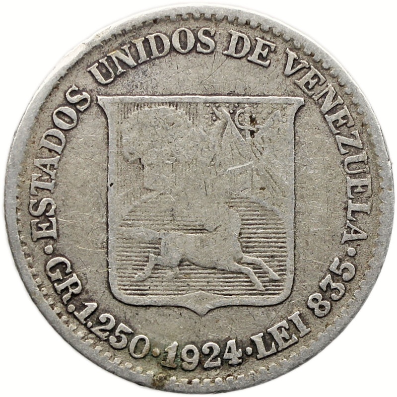 1924 1/4 Bolivar Venezuela Coin Silver Philadelphia Mint