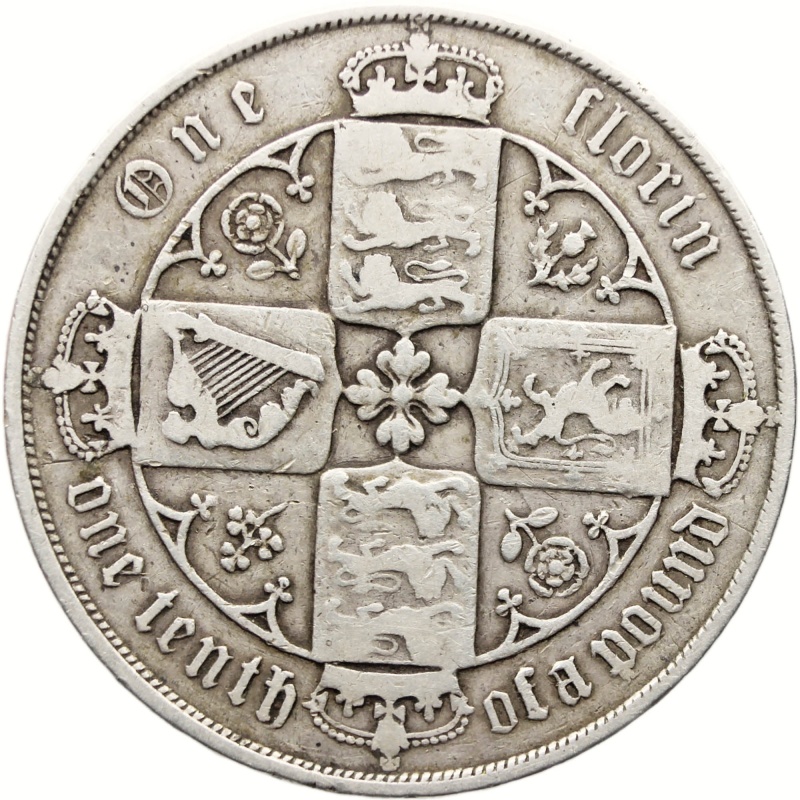 1875 Florin Gothic Queen Victoria Coin Great Britain Two Shillings Silver Die Number 86