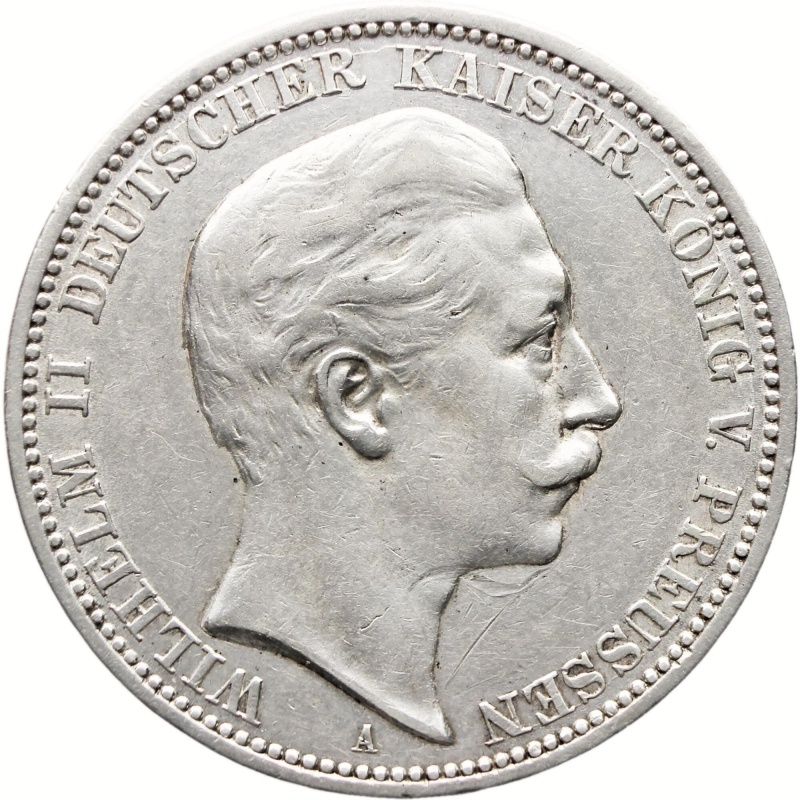 1909 A 3 Mark Prussia Coin Germany Wilhelm II Silver Berlin Mint