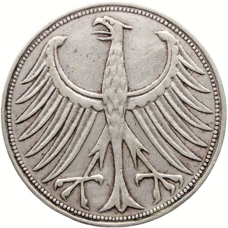 1951 F 5 Mark Federal Republic of Germany Coin Silver