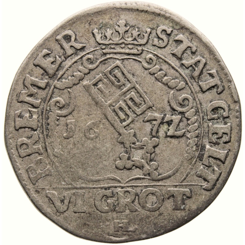 1672 HL 6 Grote City of Bremen Germany Coin Silver
