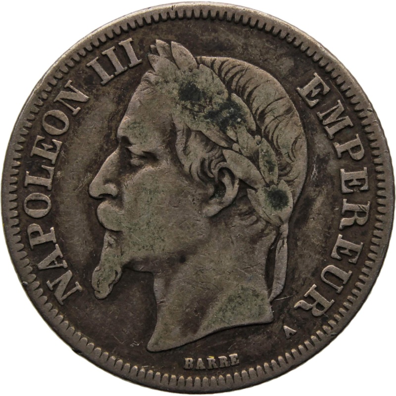 1869 2 Francs France Coin Napoleon III Silver Paris Mint