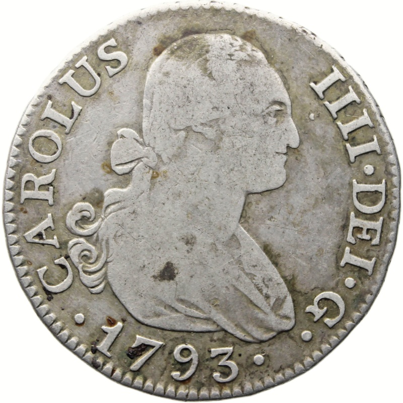 1793 MMF 2 Reales Spain Coin Charles IV Silver Madrid Mint