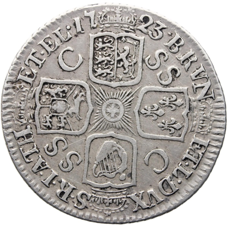 1723 Shilling George I Coin UK Silver SS and C in angles First Bust