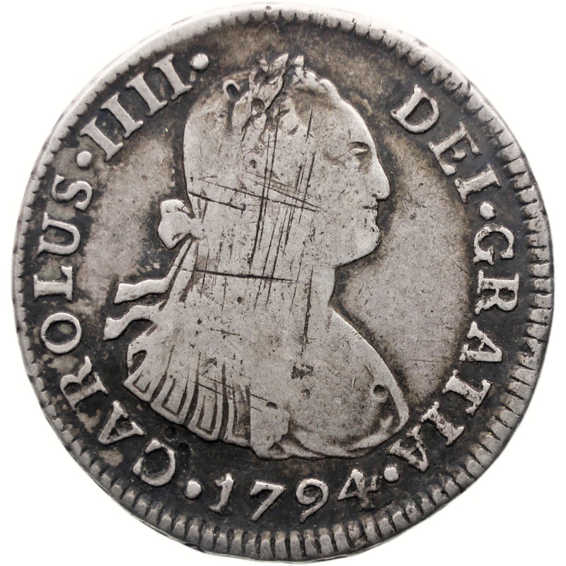 1794 ME IJ 2 Reales Peru Coin Charles IV Silver