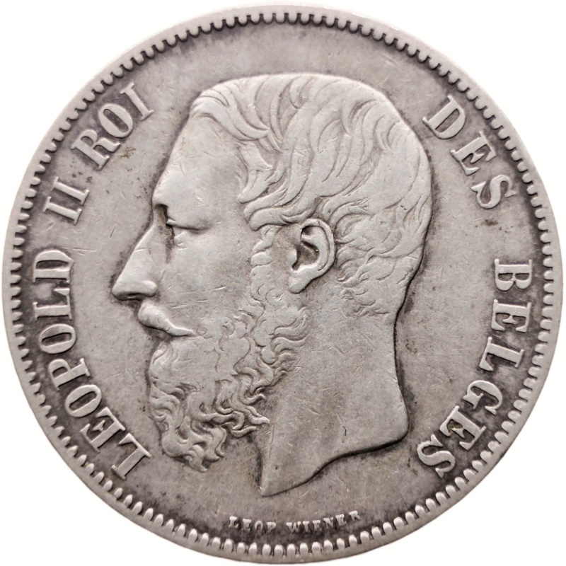 1876 5 Francs Belgium Coin Leopold II Silver