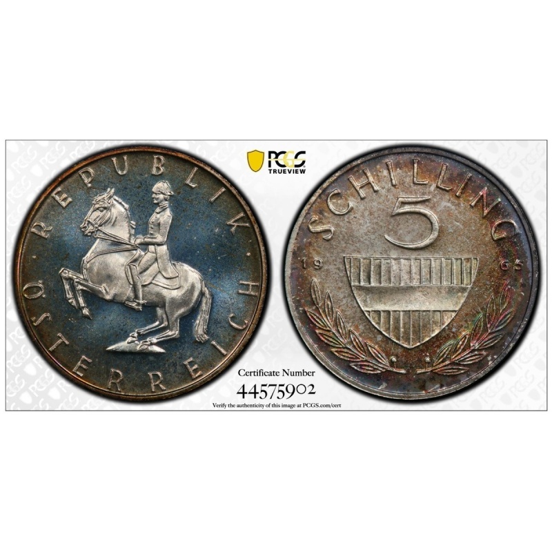 1965 Austria - 5 Schilling - Top Pop - Rainbow Toned - Silver - PCGS PR68 - Gem