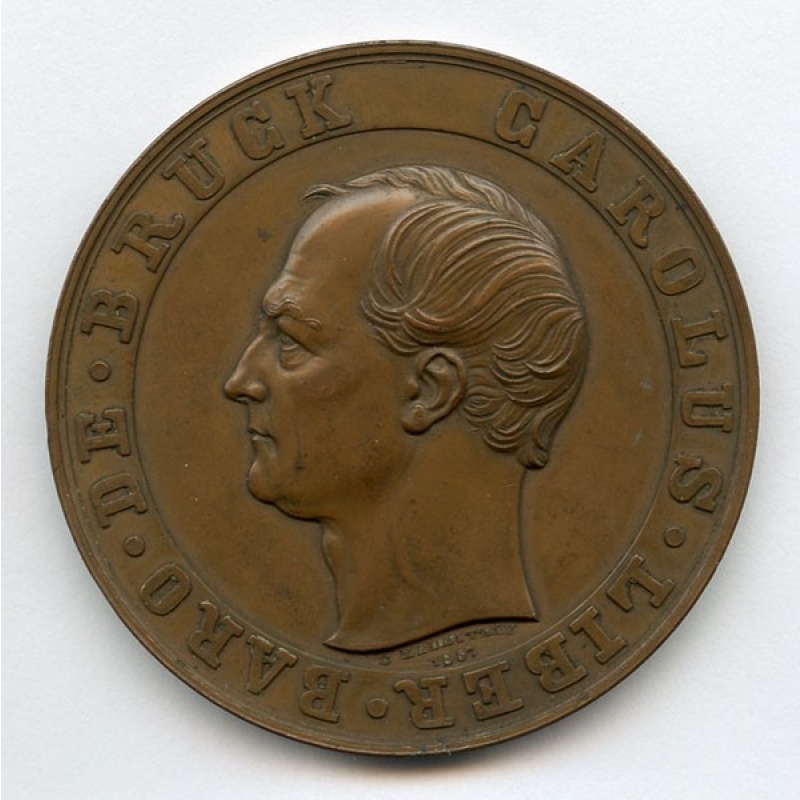 AUSTRIA 1857 CAROLUS LIBER BARO, BARON DE BRUCK MEDAL 66 mm. ORIGINAL BROWN AU.