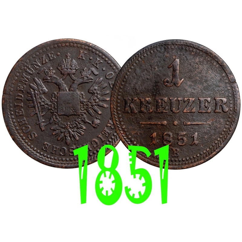 Austria 1 Kreutzer 1851 B Franz Josef Copper Coin #15591