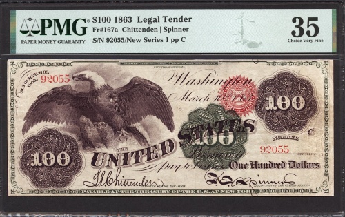 $100 1863 Legal Tender FR 167a PMG 35 - The Heraldic Spread Eagle