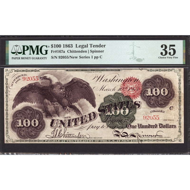 $100 1863 Legal Tender FR 167a PMG 35 - The Heraldic Spread Eagle