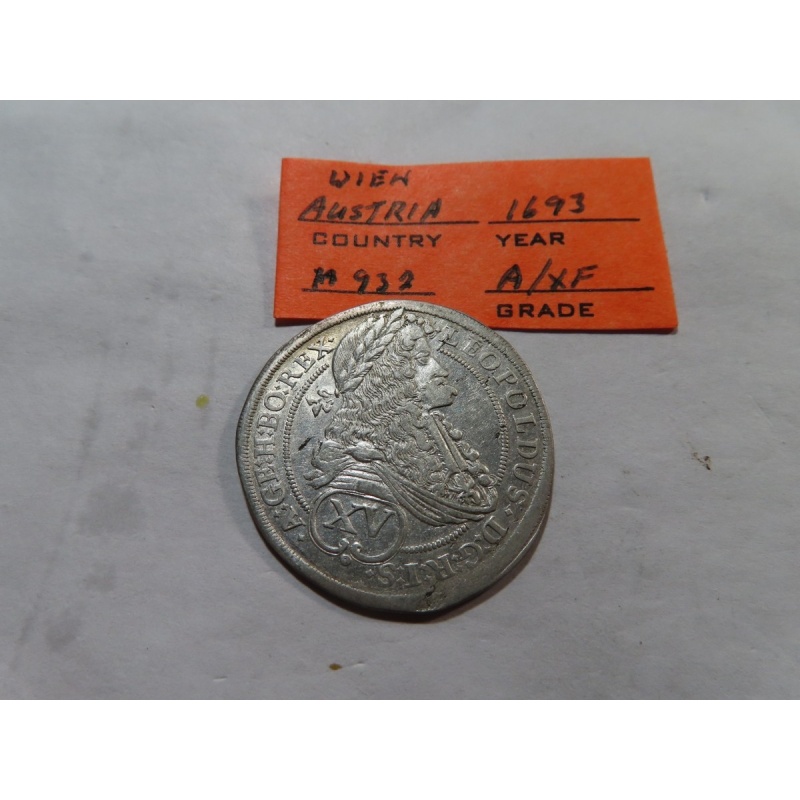 I76 Austria Leopold I 1693 Wien Mint Silver 15 Kreuzer XF-AU