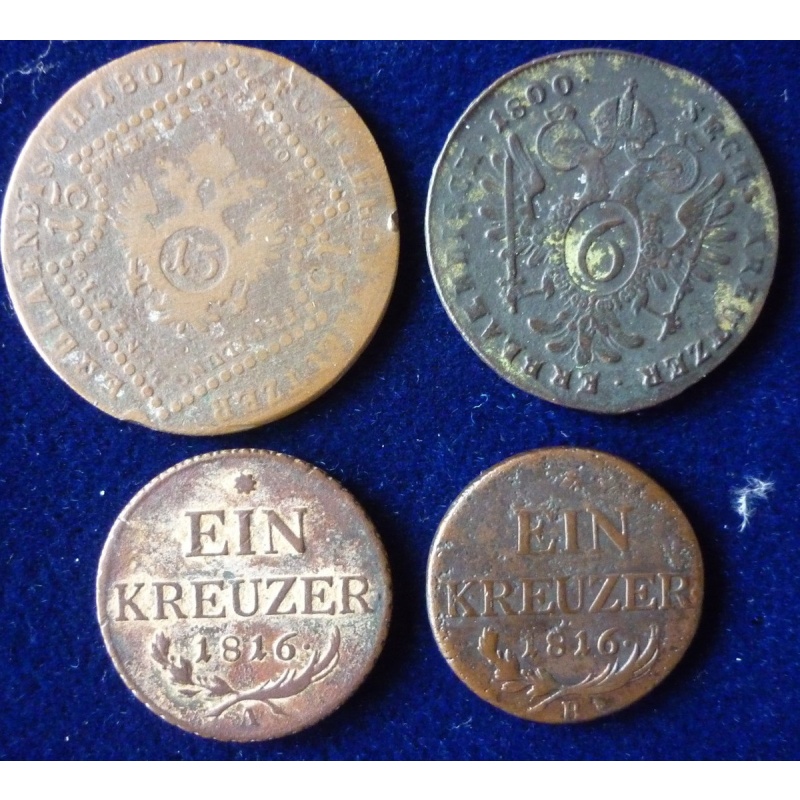 Coins Austria 1800 - 1816, 4 x Kreuzermünzen
