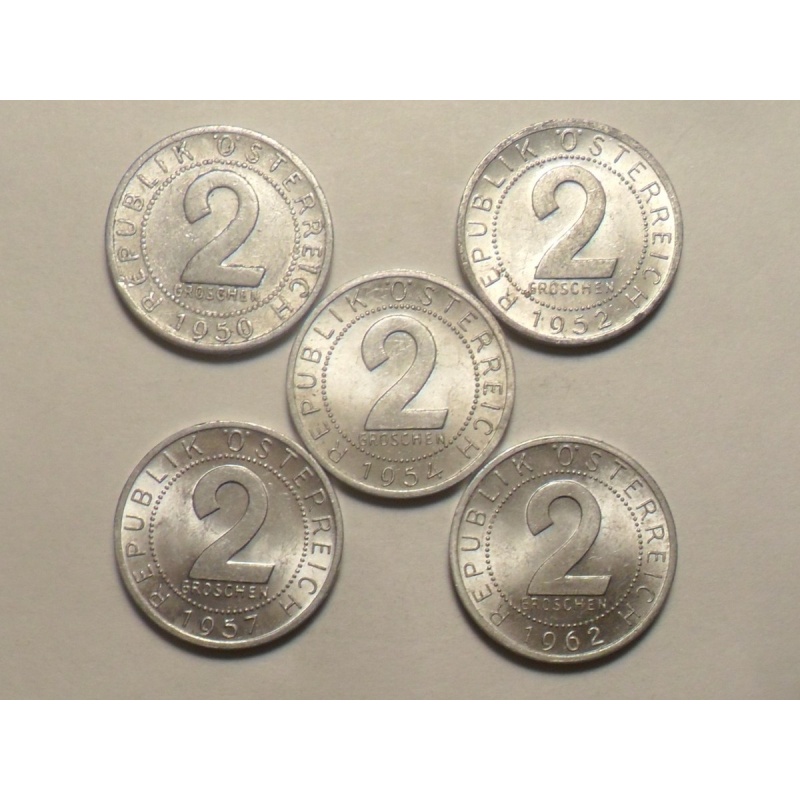 1950 1952 1954 1957 1962 AUSTRIA 2 GROSHEN ALUMINUM KM#2876 5 PC SET!