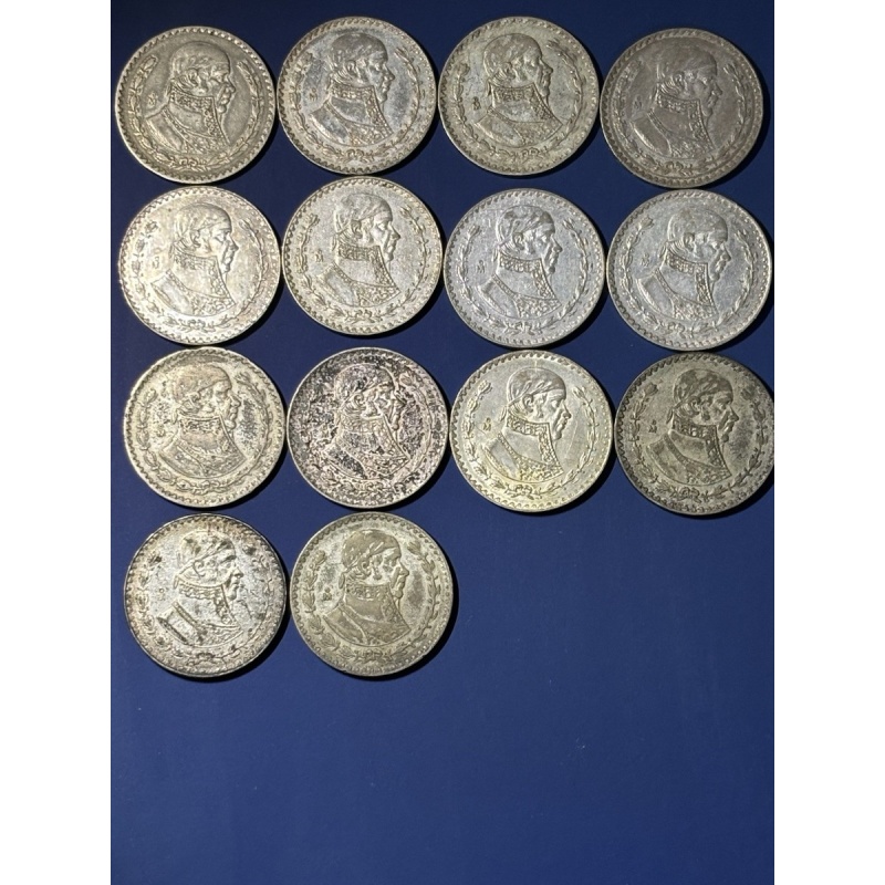 lot of 14 Mexico's Last Silver Coin  Un Peso 10% Silver Circulated 1957-1963