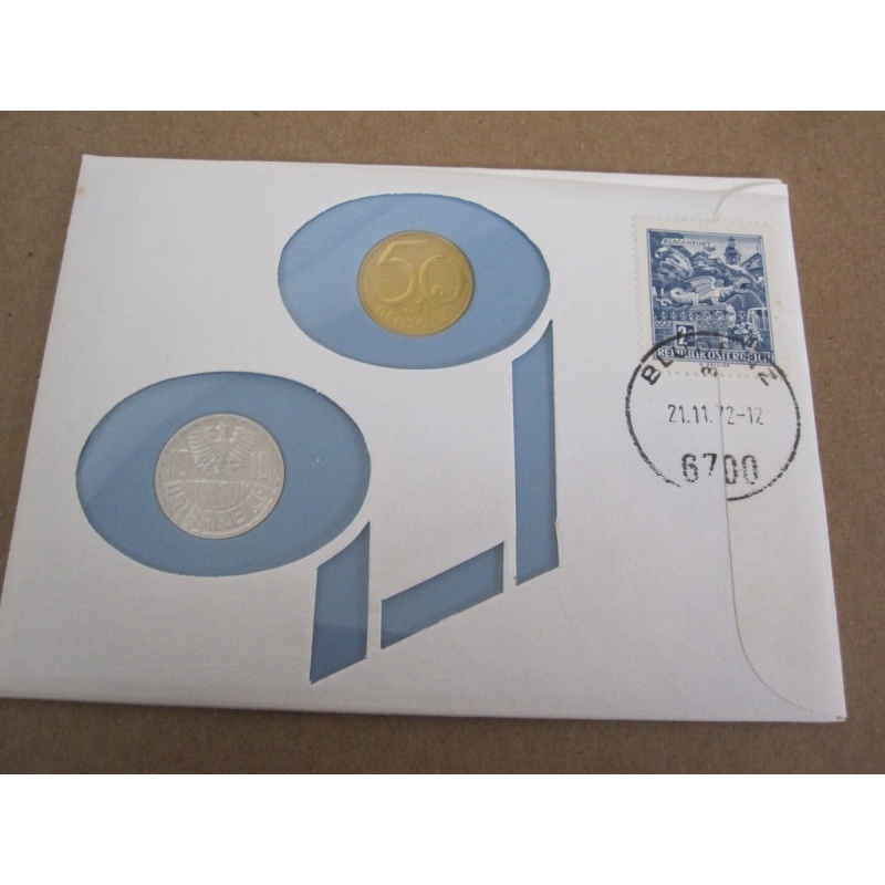 1972 AUSTRIA 10, 50 GROSCHEN UNCIRCULATED COINS KM2878, 2885 PNC COVER