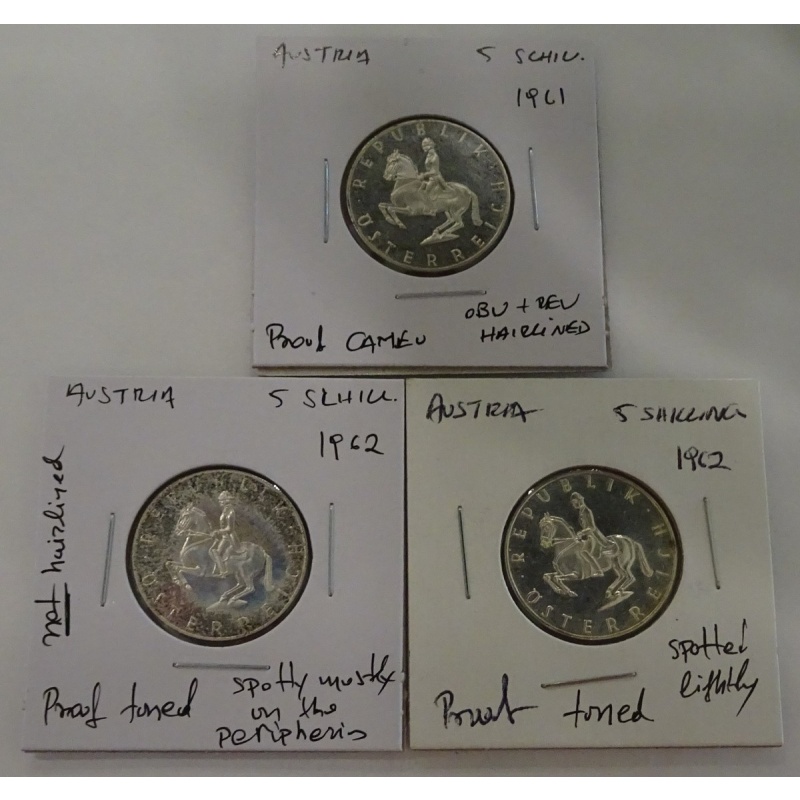 Austria PROOF 3-pc Lot: 5 Schilling 1961, 1962 x2 0.3 oz t Pure Silver total