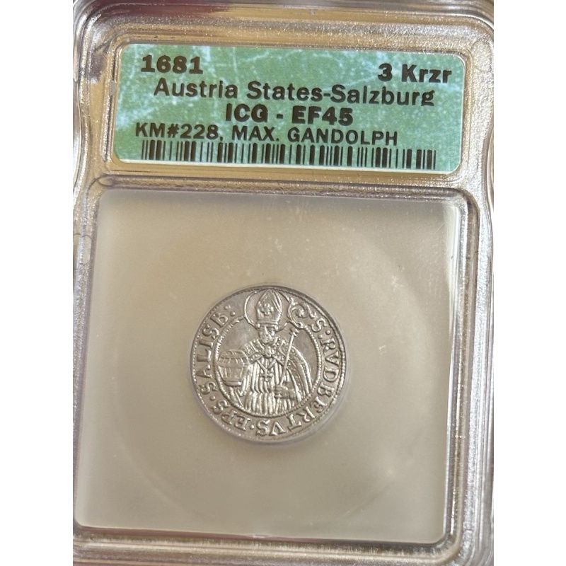 1681 Austria States Salzburg 3 Kreuzer Silver Coin ICG EF / XF45