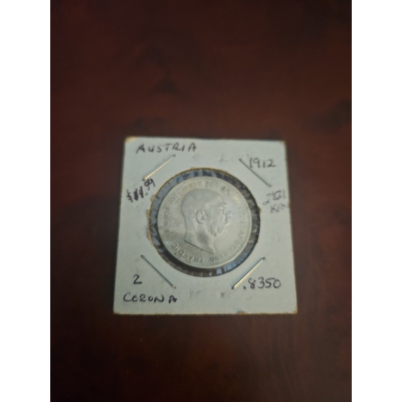 1912 Austria Two 2 Corona Lusterous Silver Coin