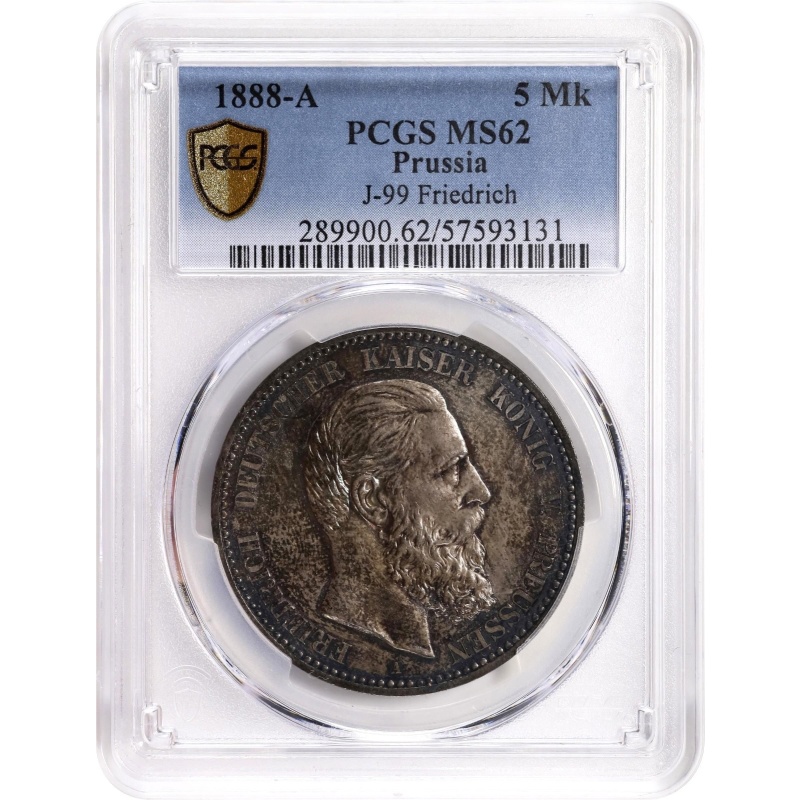 1888 A 5 Mark Prussia Germany Silver Coin PCGS MS62