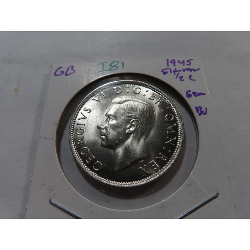 I81 Great Britain 1945 Silver 1/2 Crown GEM BU