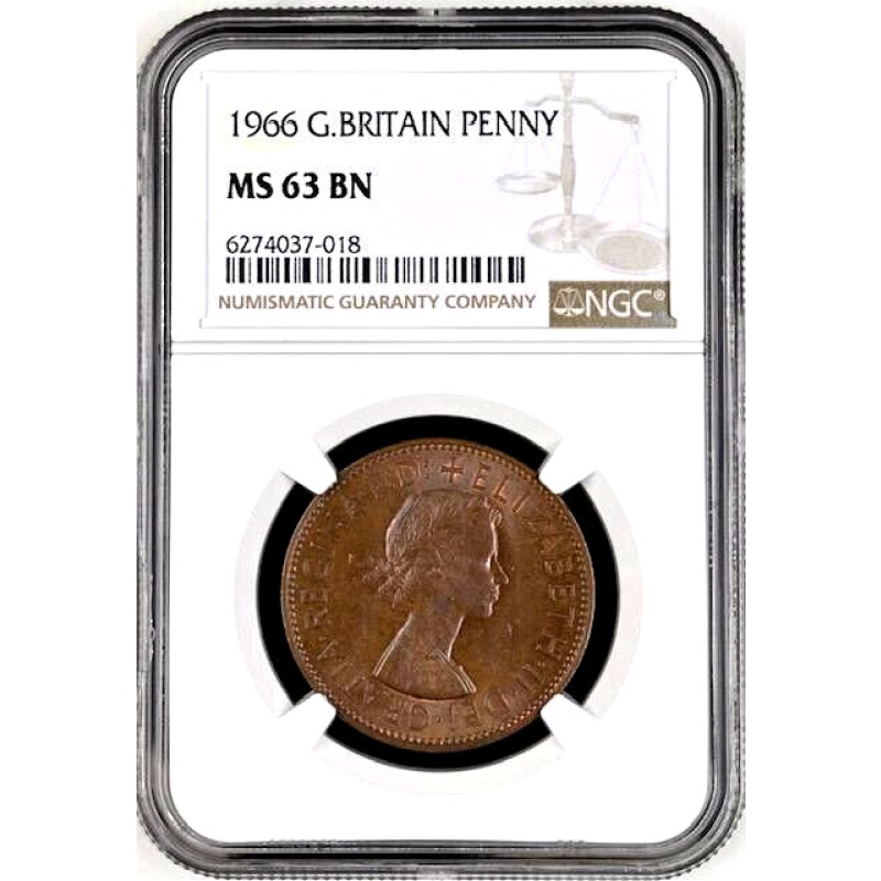 Great Britain 1 Penny 1966 NGC MS63 BN UNC Queen Elizabeth II