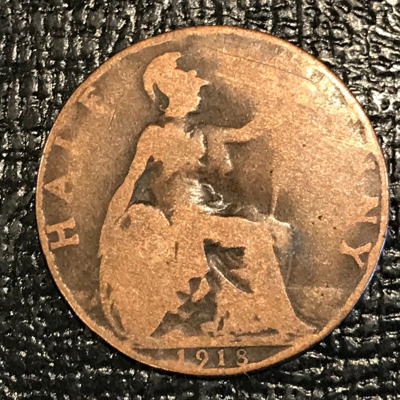 VINTAGE 1918 GREAT BRITAIN ENGLISH 1/2 HALF PENNY CENT-REVERSE ISSUES-NOV061
