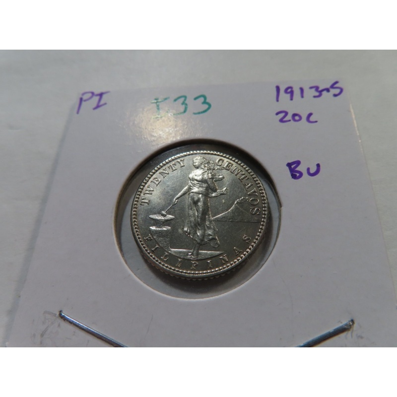 I33 Philippines 1913-S Silver 20 Centavos BU