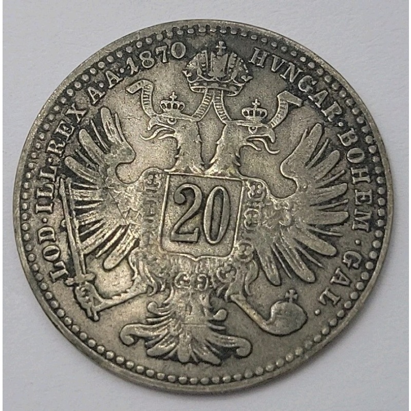 1870 Francis Joseph I Austria .500 Silver 20 Kreuzer coin