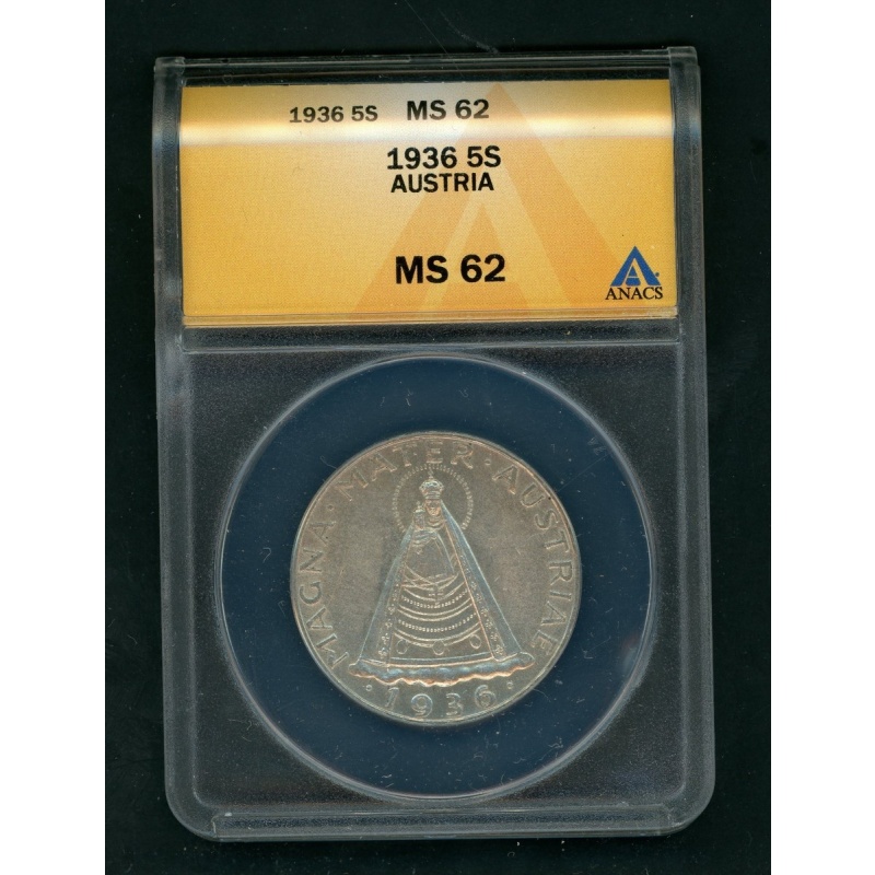 AUSTRIA MARIAZELL 5 SCHILLING 1936 SILVER COIN SLABBED ANACS MS 62 (0.4027oz)