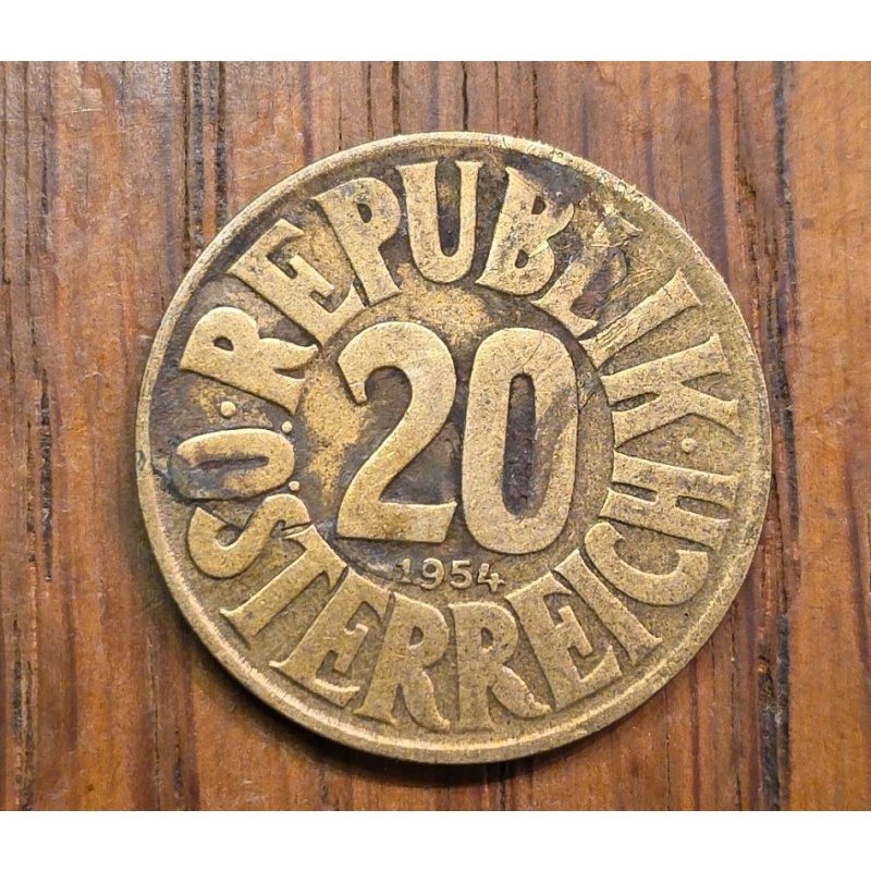 1954 Austria 20 Groschen Coat Of Arms, 22mm  Aluminum-bronze Coin