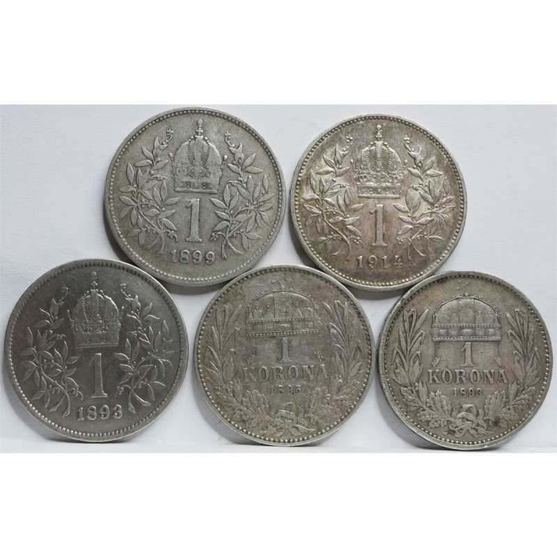 AUSTRIA HUNGARY lot 5x 1 Corona Korona 1893 1895 1899 1914 VF XF Silver Set #F82