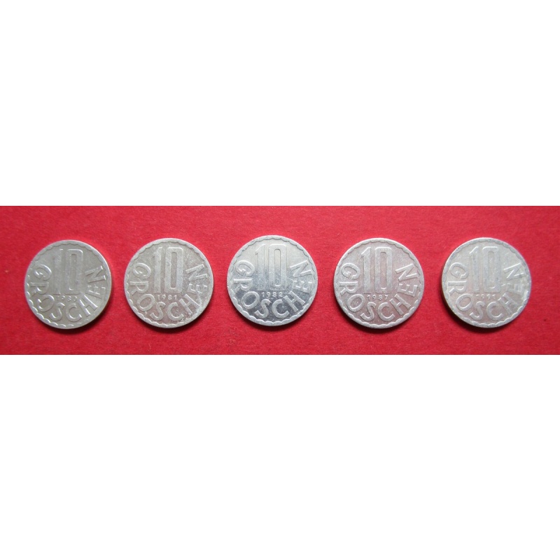 AUSTRIA  FIVE VINTAGE MIXED DATE 10 GROCHEN 1980-81-82-87-91  HIGH GRADE COINS