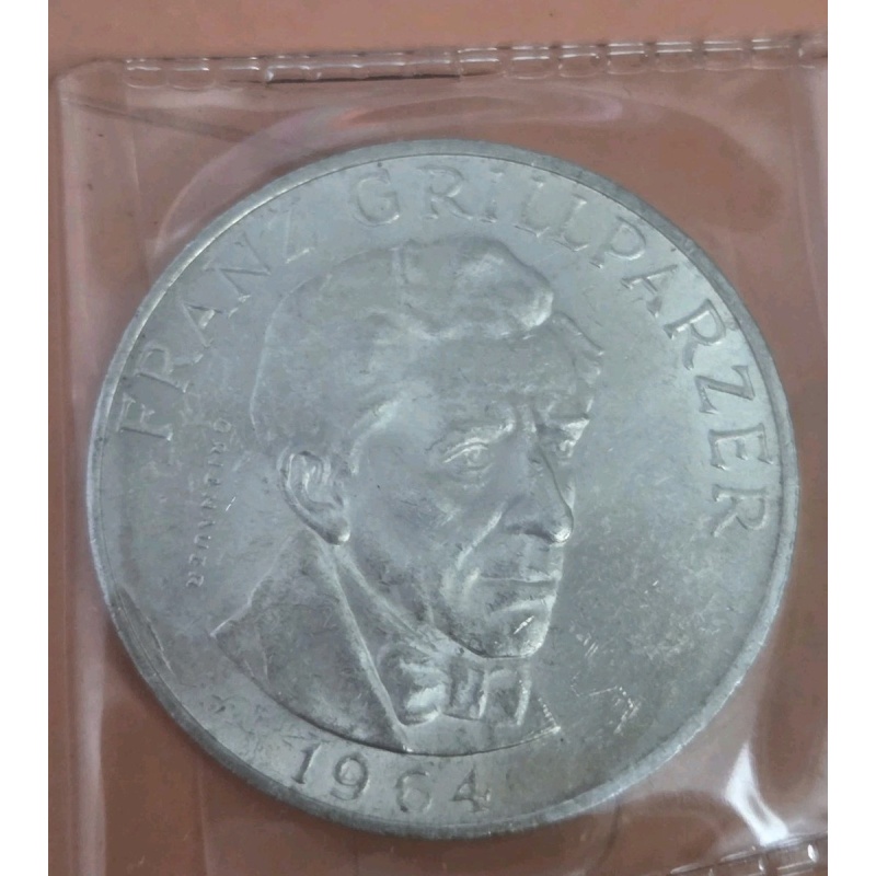 1964 Austrian 25 Schilling Silver Coin Commemorating Franz Grillparzer's 175th