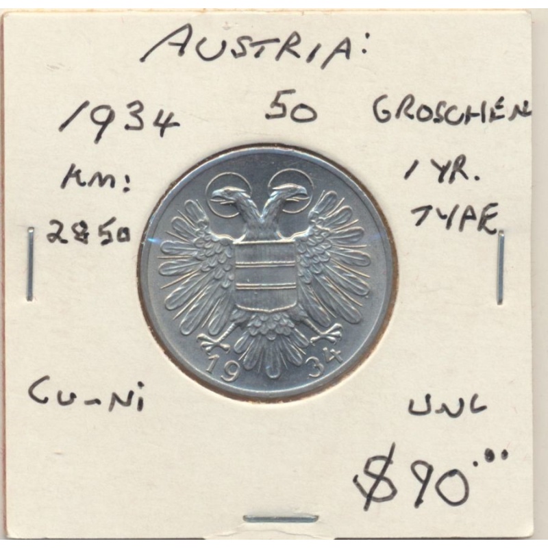 Austria: 1934 50 Groschen (Nachtschilling) KM-2850, UNC, Cat US$90