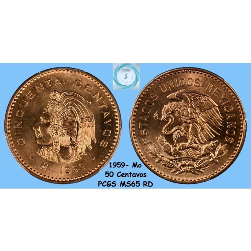 1959-Mo Mexico 50C PCGS MS65RD - Lustrous Red Gem Stunner!