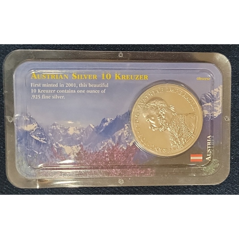 2001 Franz Joseph Austrian 10 Kreuzer 1oz .925 Sterling Silver Littleton Showpak