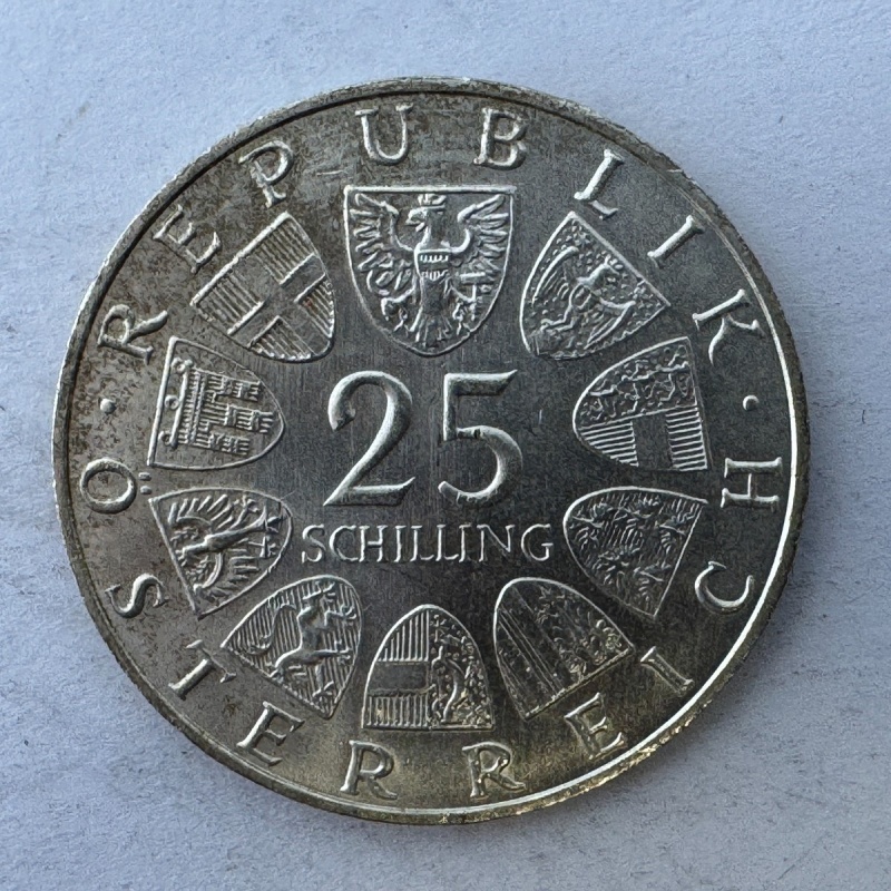 1971 Austria 25 Schilling Silver Coin • Wiener Börse Anniversary • 0.800 Ag