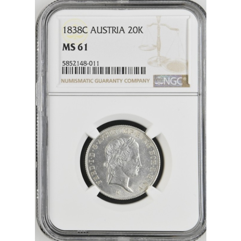 1838 Austria - 20 Kreuzer - Top Pop 1/0 - Silver - NGC MS 61 - Low Mintage -Rare