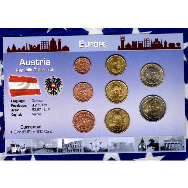 Littleton World Coin Set Austria UNC 2006-2013 2 Euro 2012 1 Euro 2011