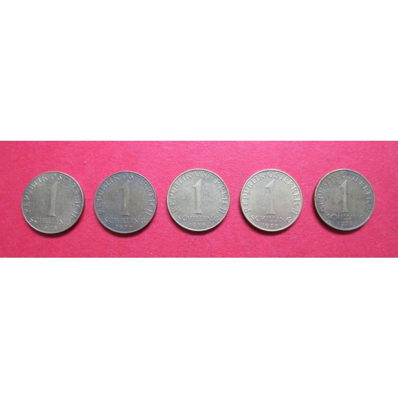 AUSTRIA  FIVE VINTAGE MIXED DATE 1 SCHILLING 1976-77-79-80-83  GOOD GRADE COINS