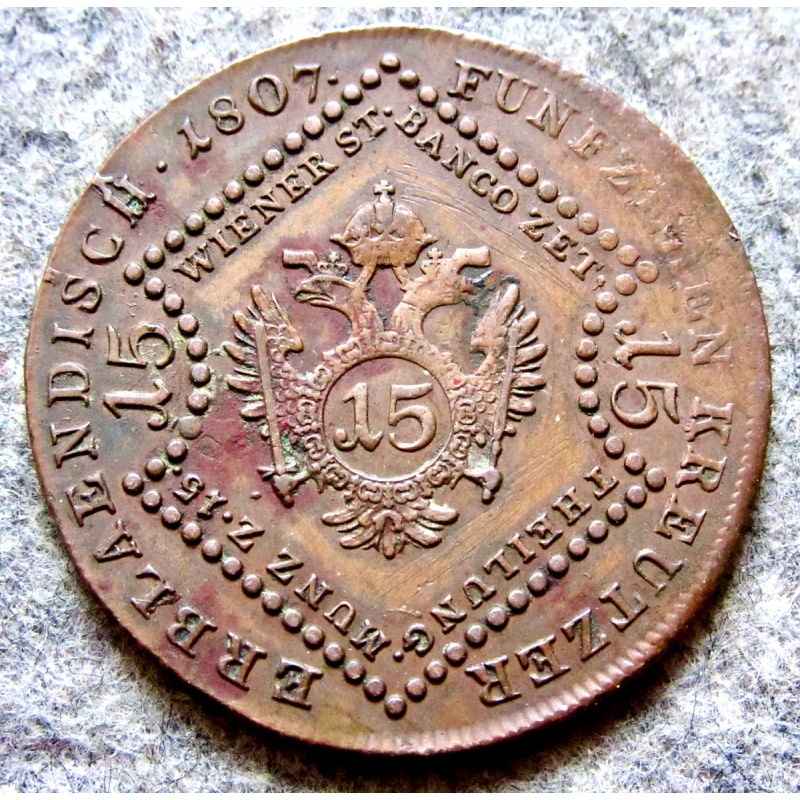 AUSTRIA FRANZ I 1807 S 15 KREUZER, Smolnik Mint COPPER High Grade one year type