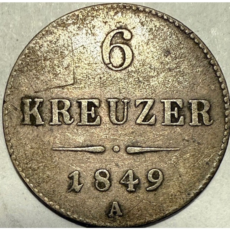 AUSTRIA Franz Josef I - Silver 6 Kreuzer - 1849A - Km-2200 - FREE USA Shipping!