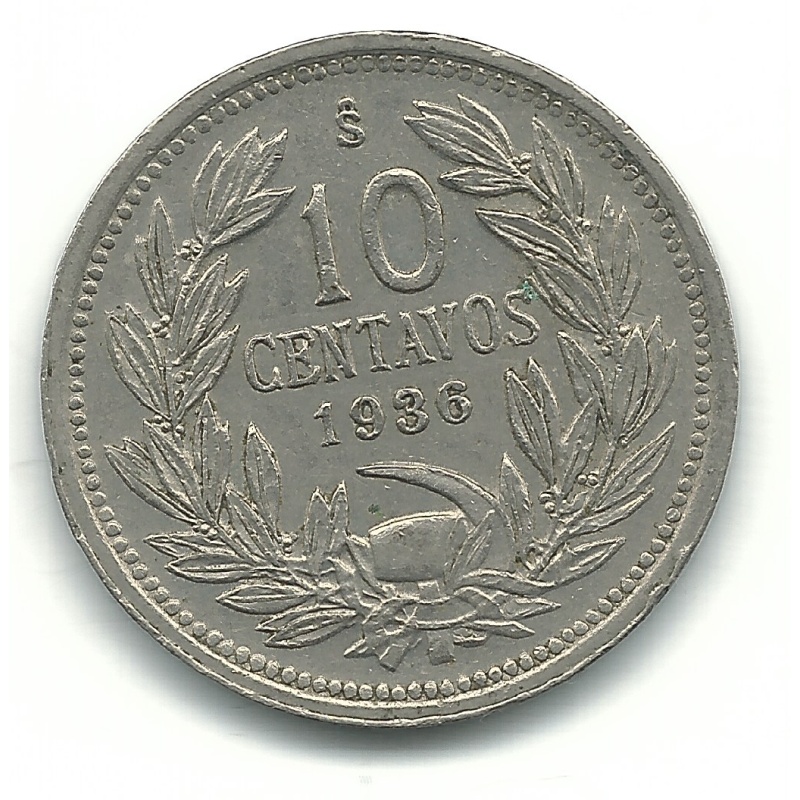 HIGH GRADE AU 1936 S CHILE 10 CENTAVOS COIN-DEFIANT CONDOR ON ROCK-JAN766